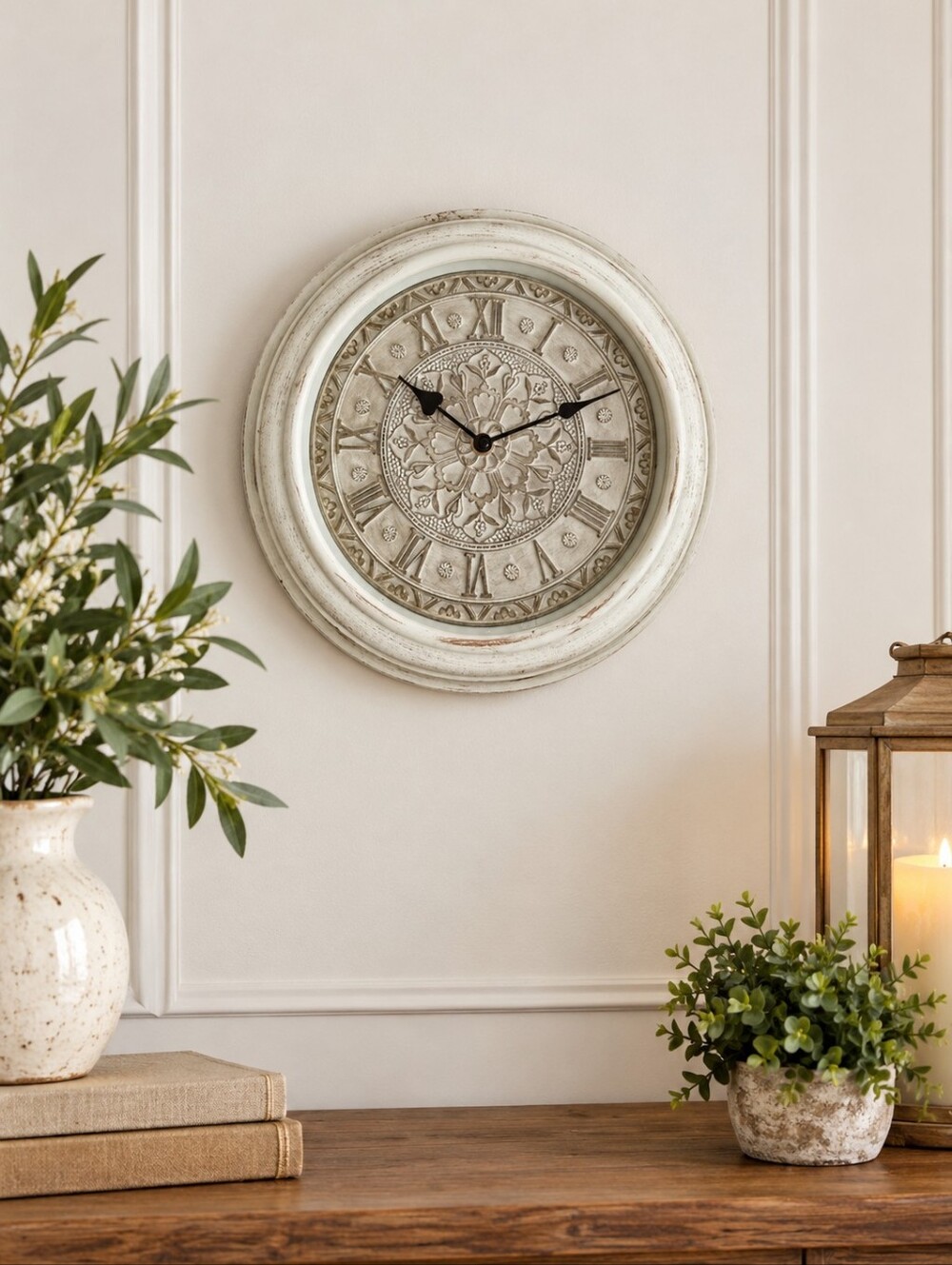 Antique-Style Distressed Cream Floral Medallion Wall Clock NWT 12 inches